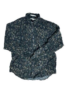 Perry Ellis 100% Silk Blouse Womens L Button Up Pattern Long Sleeve